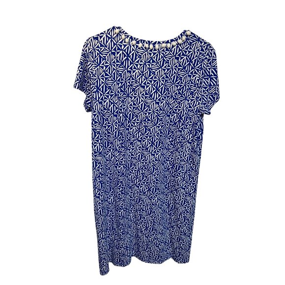 Lilly Pulitzer Blue & White Geometric Print Pom-Pom Trim V-Neck Dress - Picture 3 of 8